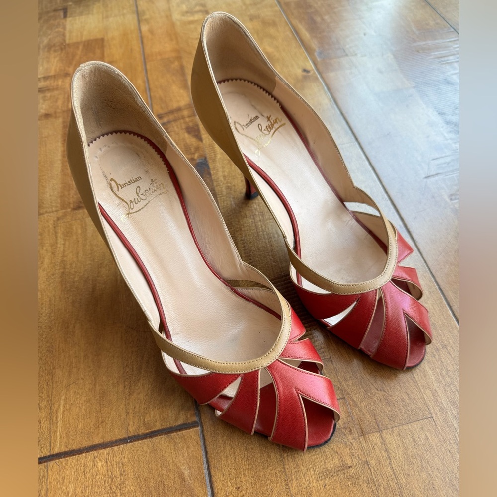 Christian Louboutin Red and Tan Women's Heels - Picture 8 of 9